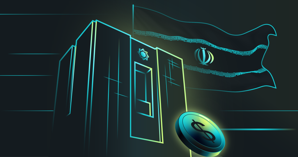 Abstract image of Iranian central bank with Iranian flag