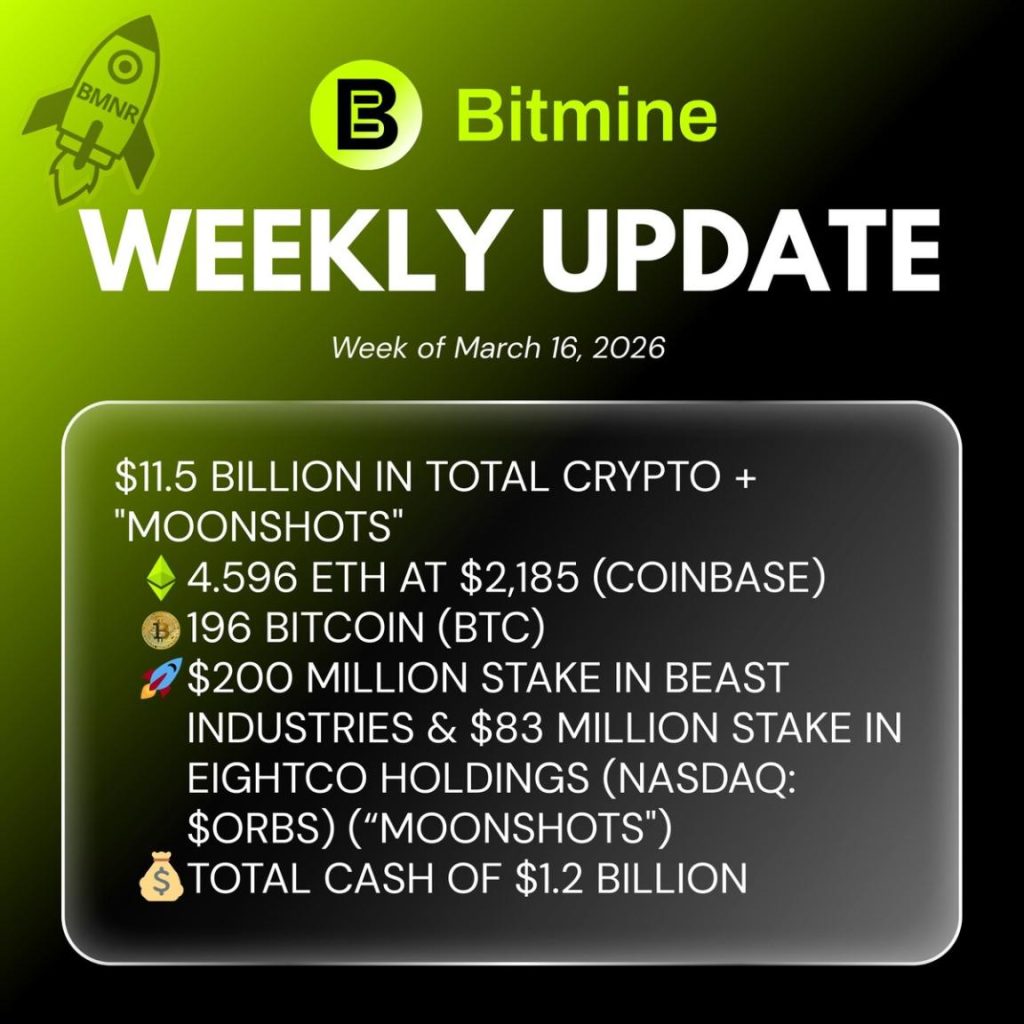 Bitmine Immersion Technologies (BMNR) Announces ETH Holdings Reach 4.596 Million Tokens, And Total Crypto And Total Cash Holdings Of $11.5 Billion