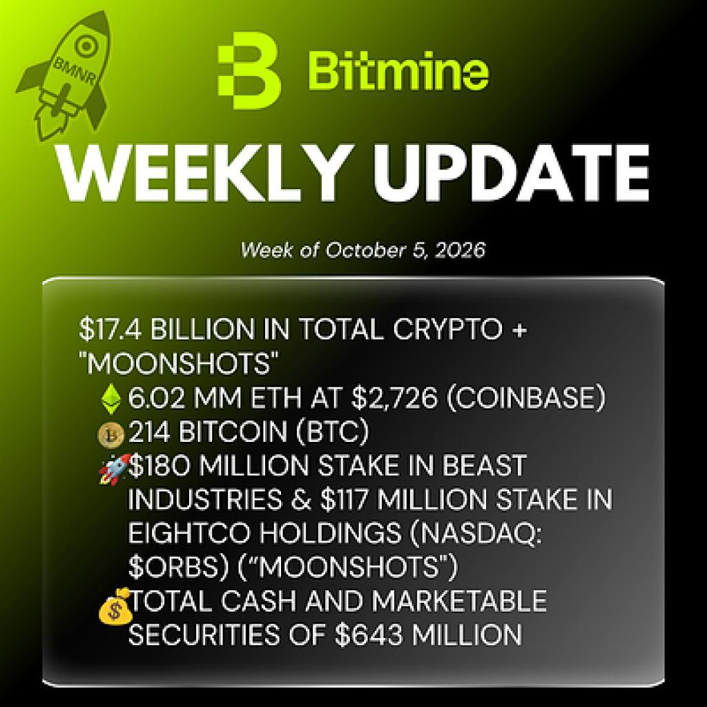 Bitmine Immersion Technologies (BMNR) Announces ETH Holdings Reach 6.02 Million Tokens, and Total Crypto and Total Cash & Marketable Securities Holdings of $17.4 Billion Bitmine Immersion Technologies (BMNR) Announces ETH Holdings Reach 6.02 Million Tokens, and Total Crypto and Total Cash & Marketable Securities Holdings of $17.4 Billion